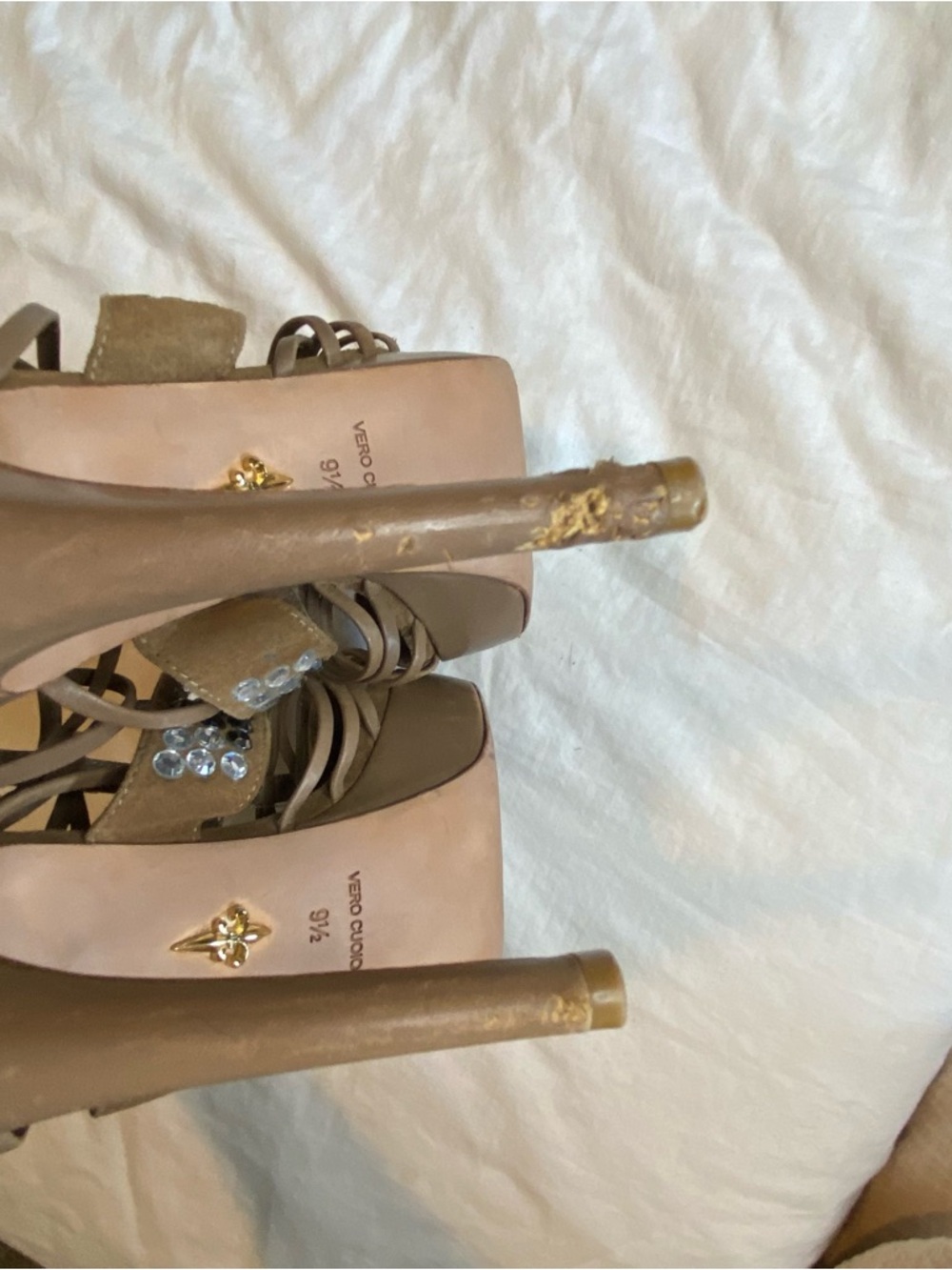 Vero Cuoio Beige Crystal-Embellished Strappy Lace-Up Heels - Picture 4 of 8